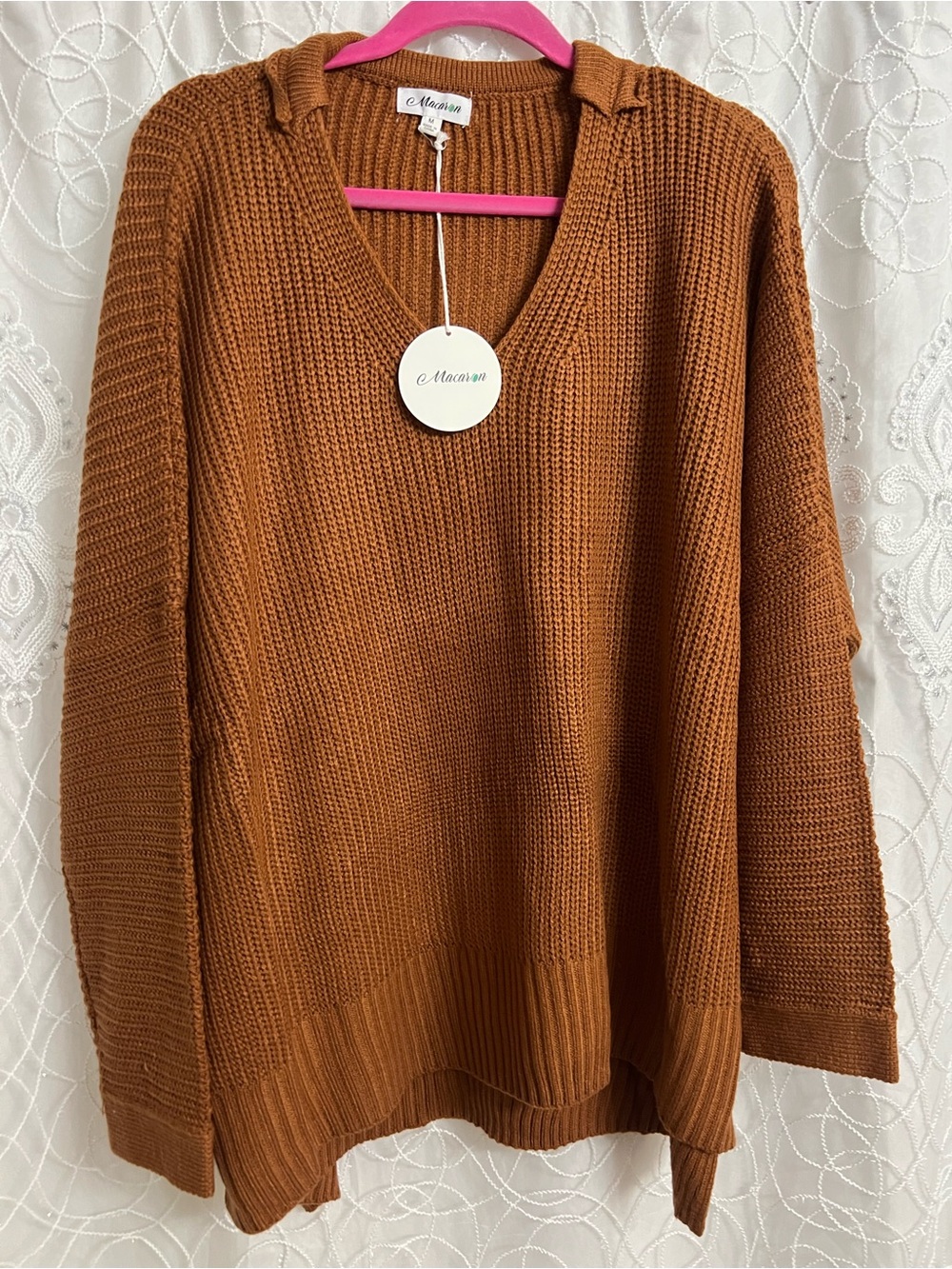 MACARON Women's V-Neck Knit Sweater - Rust Brown